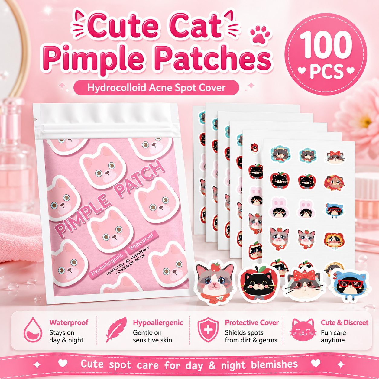 Pressed Powder Foundation - 100pcs Cartoon acne patch, cute cat-shaped
