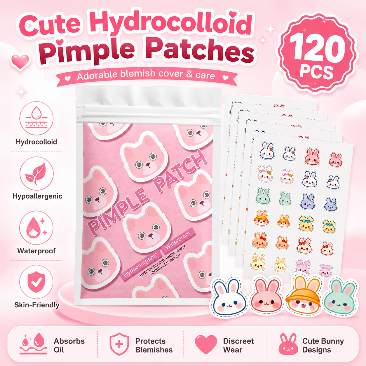 Pressed Powder Foundation - 120pcs Cartoon acne patch, cute cat-shaped